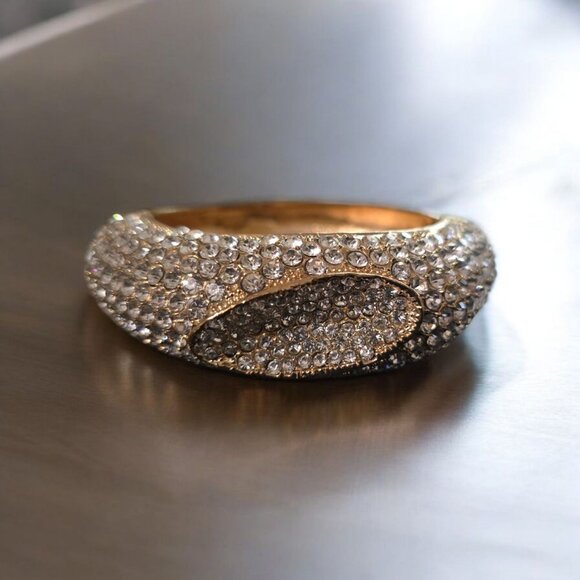 Elegant Gold-Finish Bangle Bracelet with Sparkling Crystal Rhinestones – Dressy - Picture 1 of 6